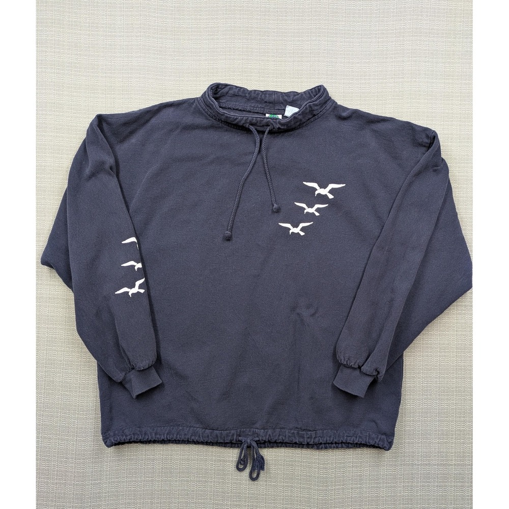 WEK Sweatshirt Mens Medium Blue Mock Neck Birds Graphic Pullover Drawstring Hem